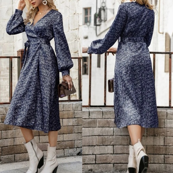 Boho green floral print wide knot wrap dress - Picture 7 of 8